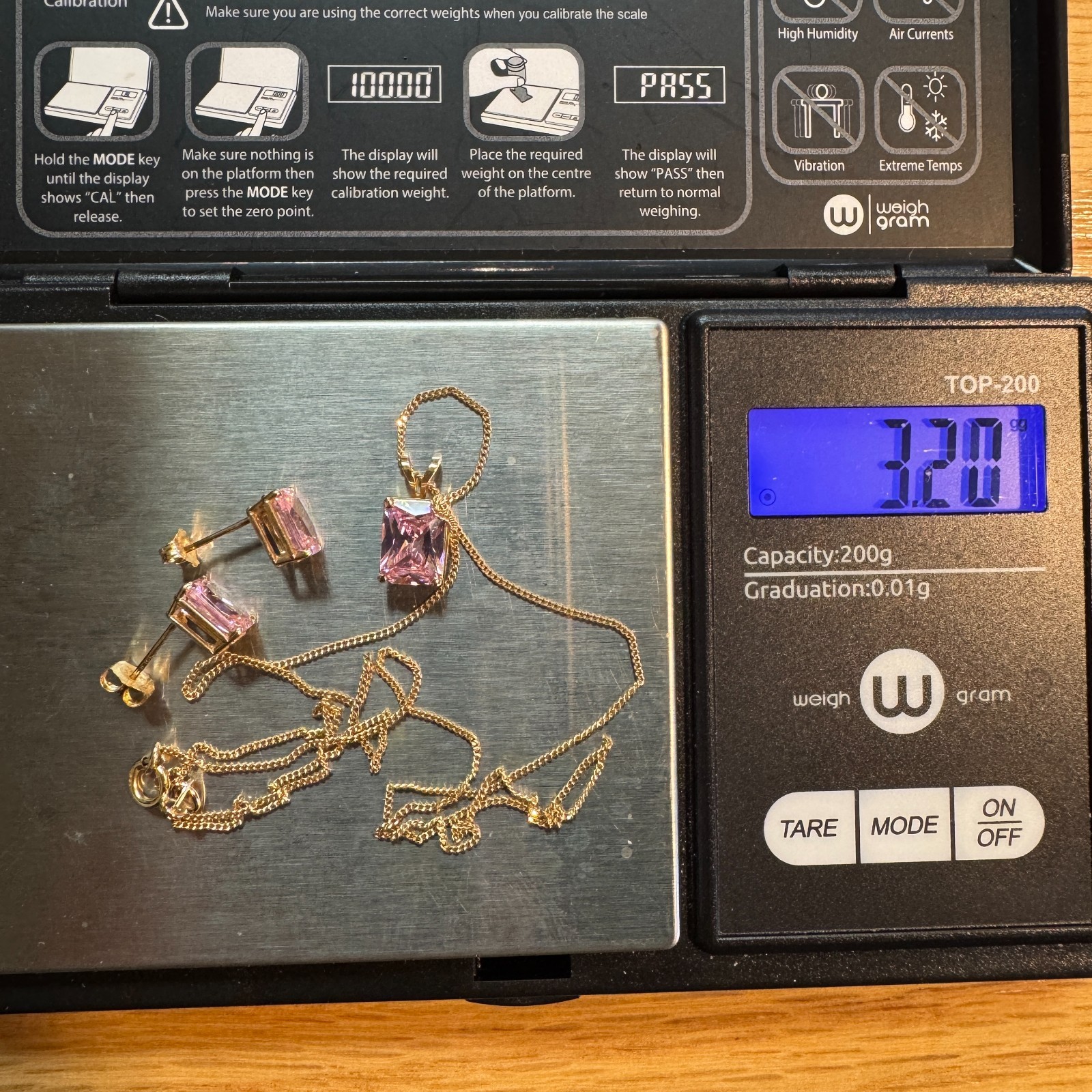 Solid 10k Gold Earrings and Necklace / Pink Tourmaline / 3.2 Grams / 18″ Long