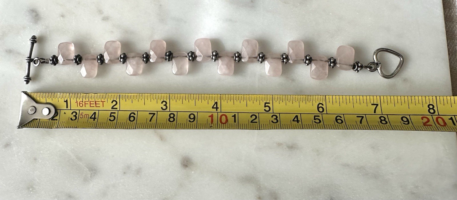 Natural Rose Quartz Nugget Bracelet Heart Toggle Clasp Silver Tone 7.5”