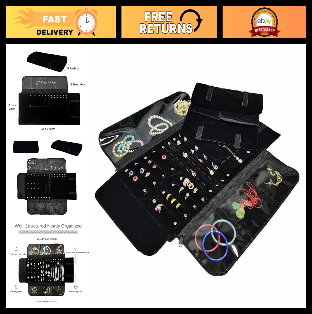 Velvet Travel Jewelry Organizer Roll Bag for Necklaces, Bracelets, Earrings & Ri