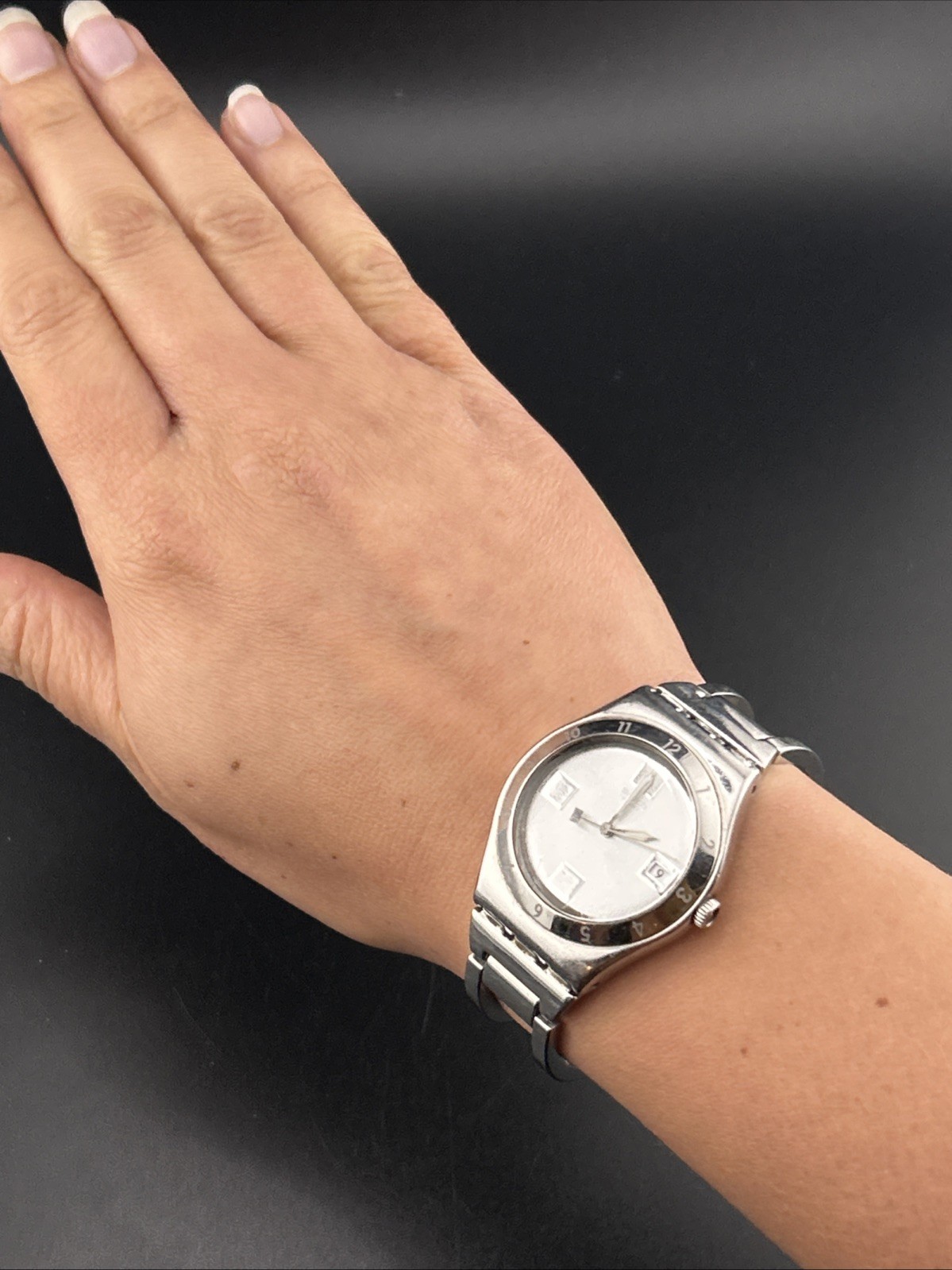 Swatch Irony Swiss Ladies Stainless Steel Watch Running Wristwatch Bezel SS Brac