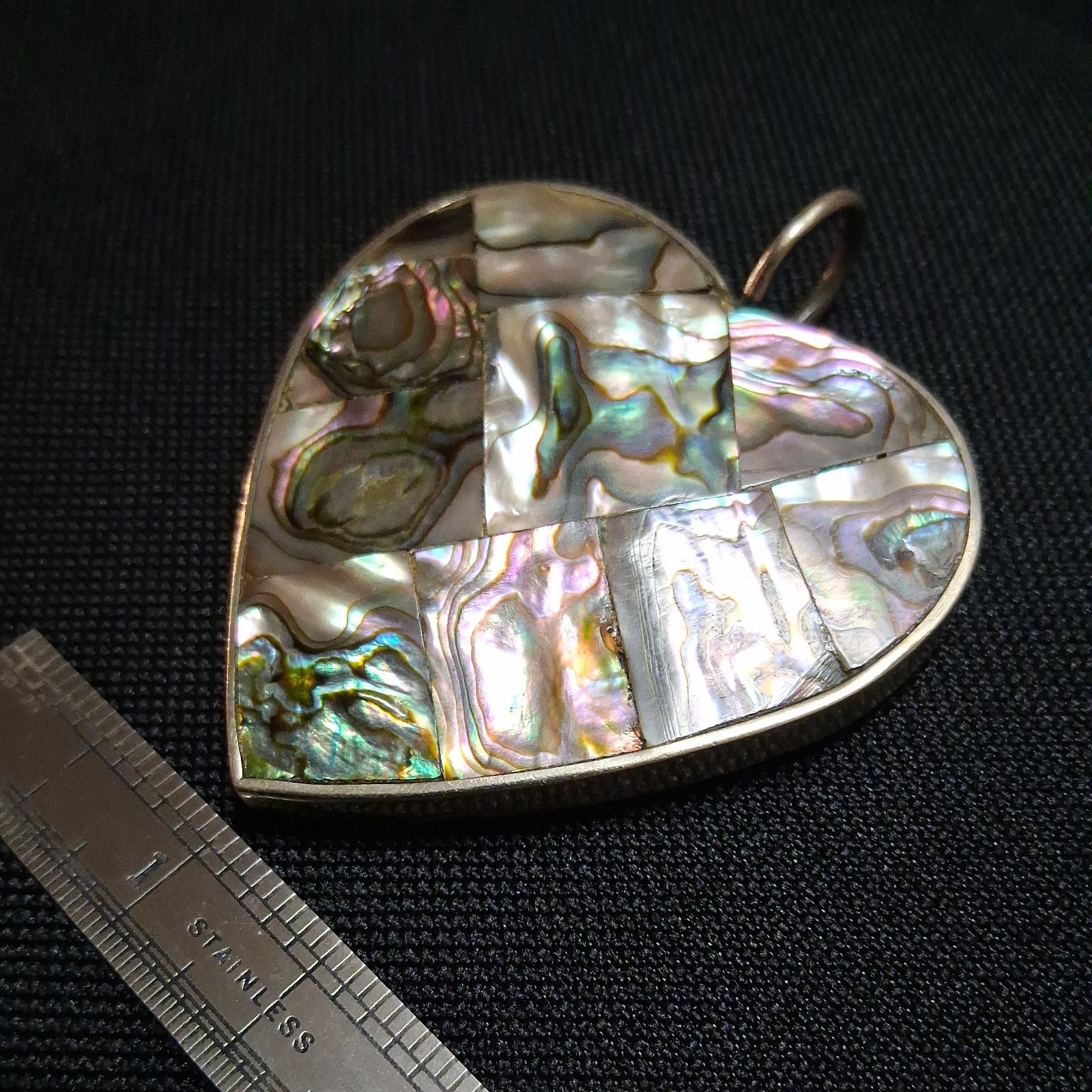 BIG TAXCO MEXICO HEART ABALONE SHELL DOUBLE SIDE REVERSIBLE PENDANT 925 STERLING