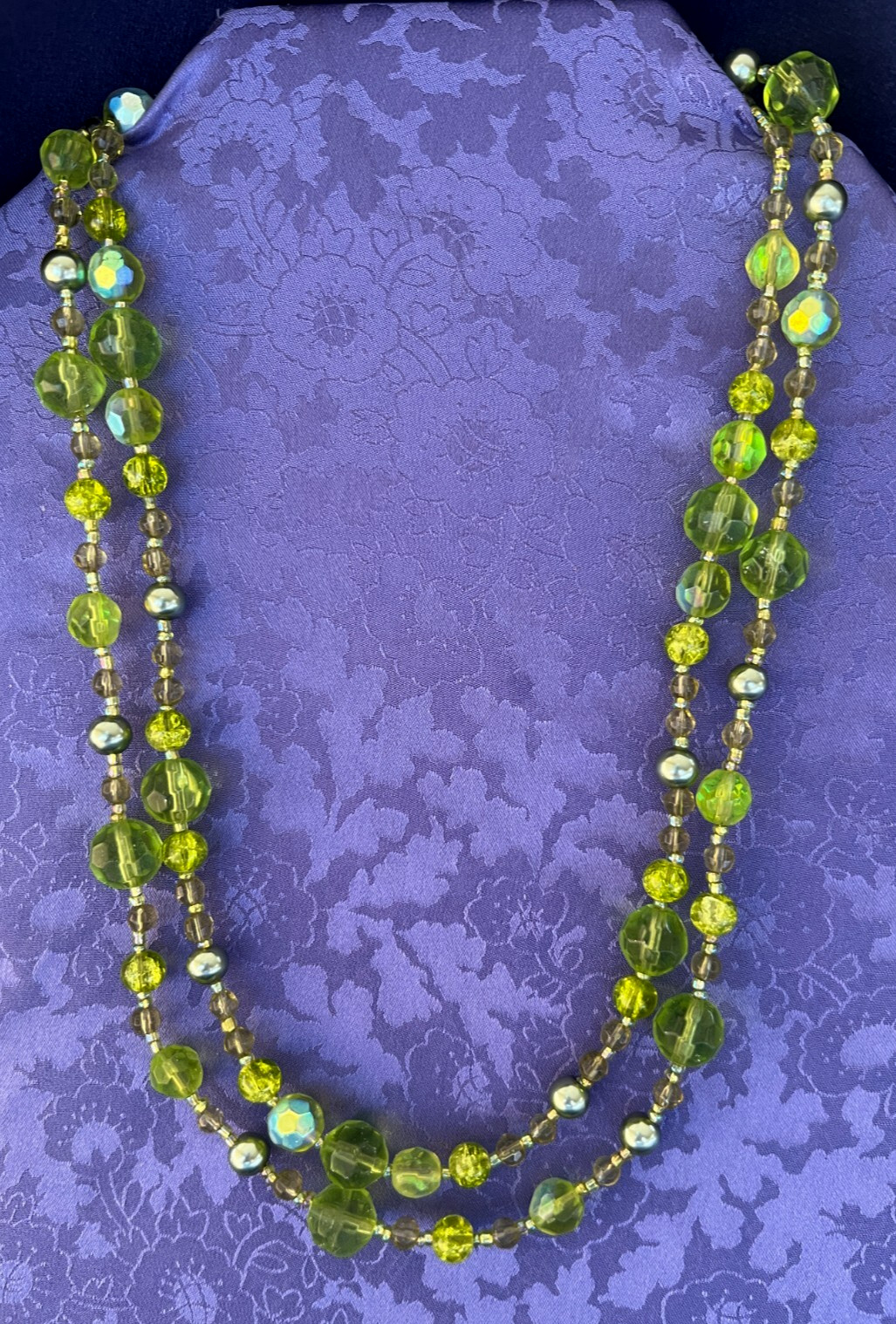 Beaded 2 Strand Necklace 17 1/2 Inches Dangle Earrings Glass Beads Pastel Green