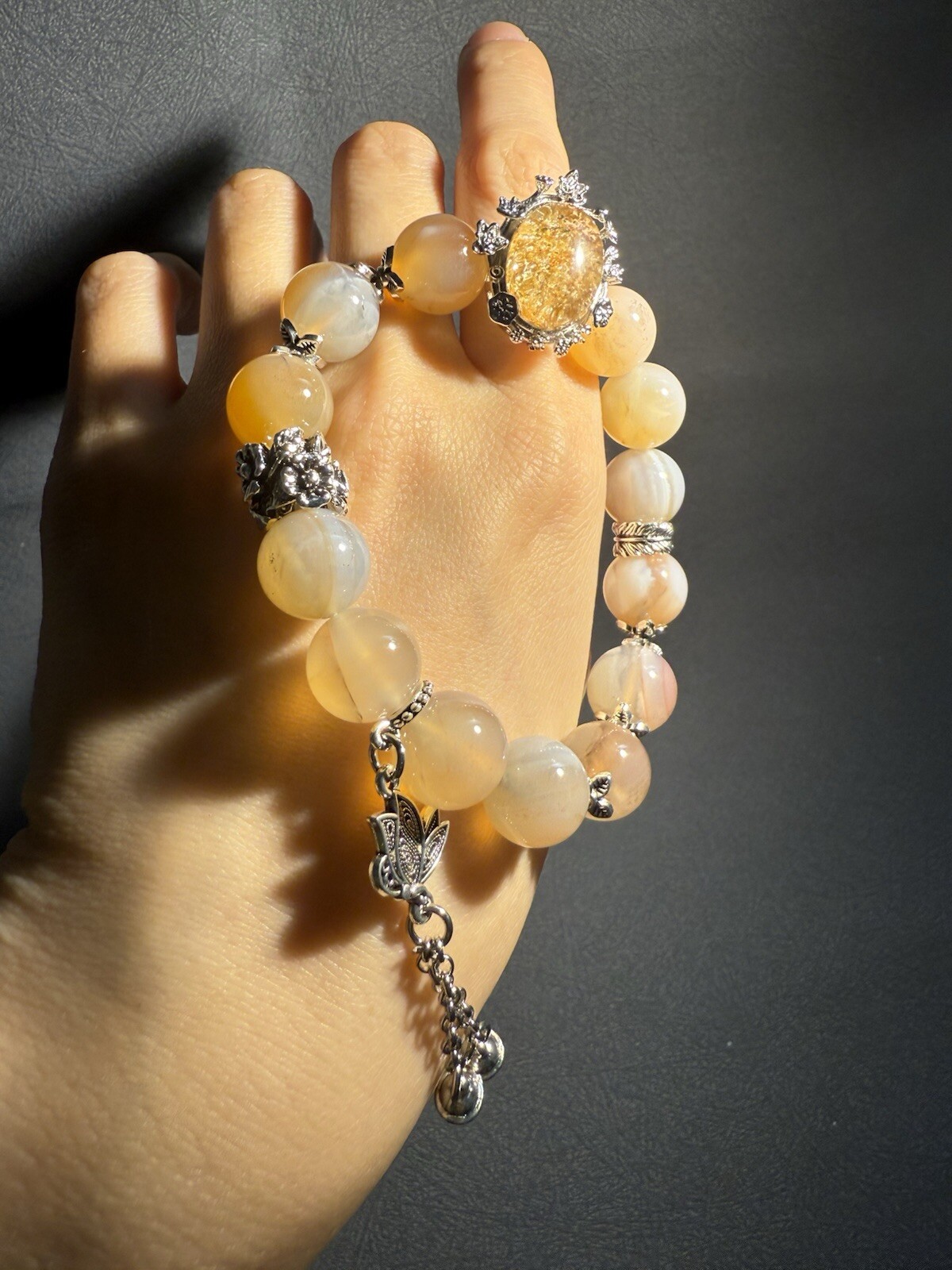 12.3mm 44g Natural Sugar Alashan Agate/Top grade Phantom Quartz Charm Bracelet