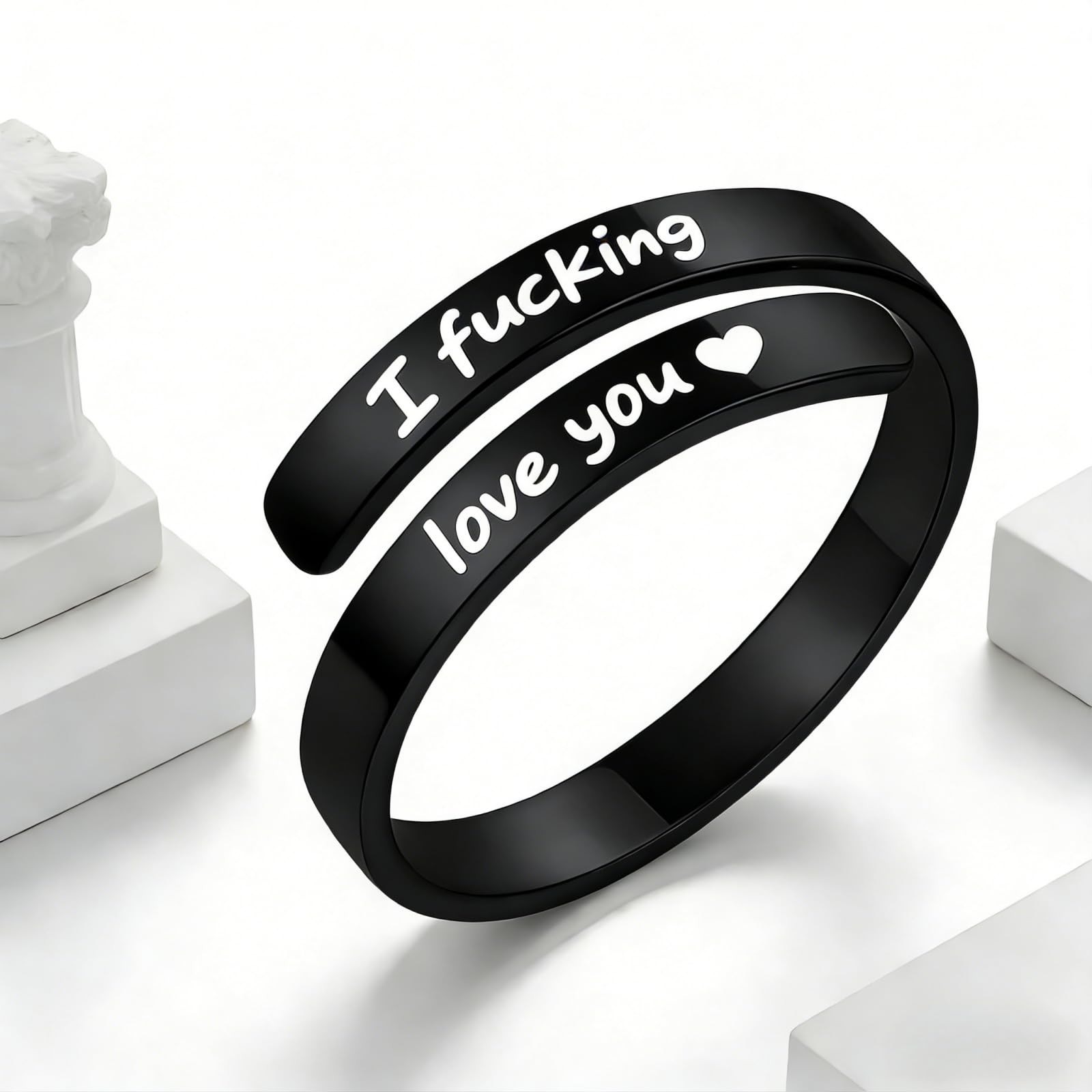 I Fcking Love You Ring, Stainless Steel Engraved Inspirational Words Heart Ope