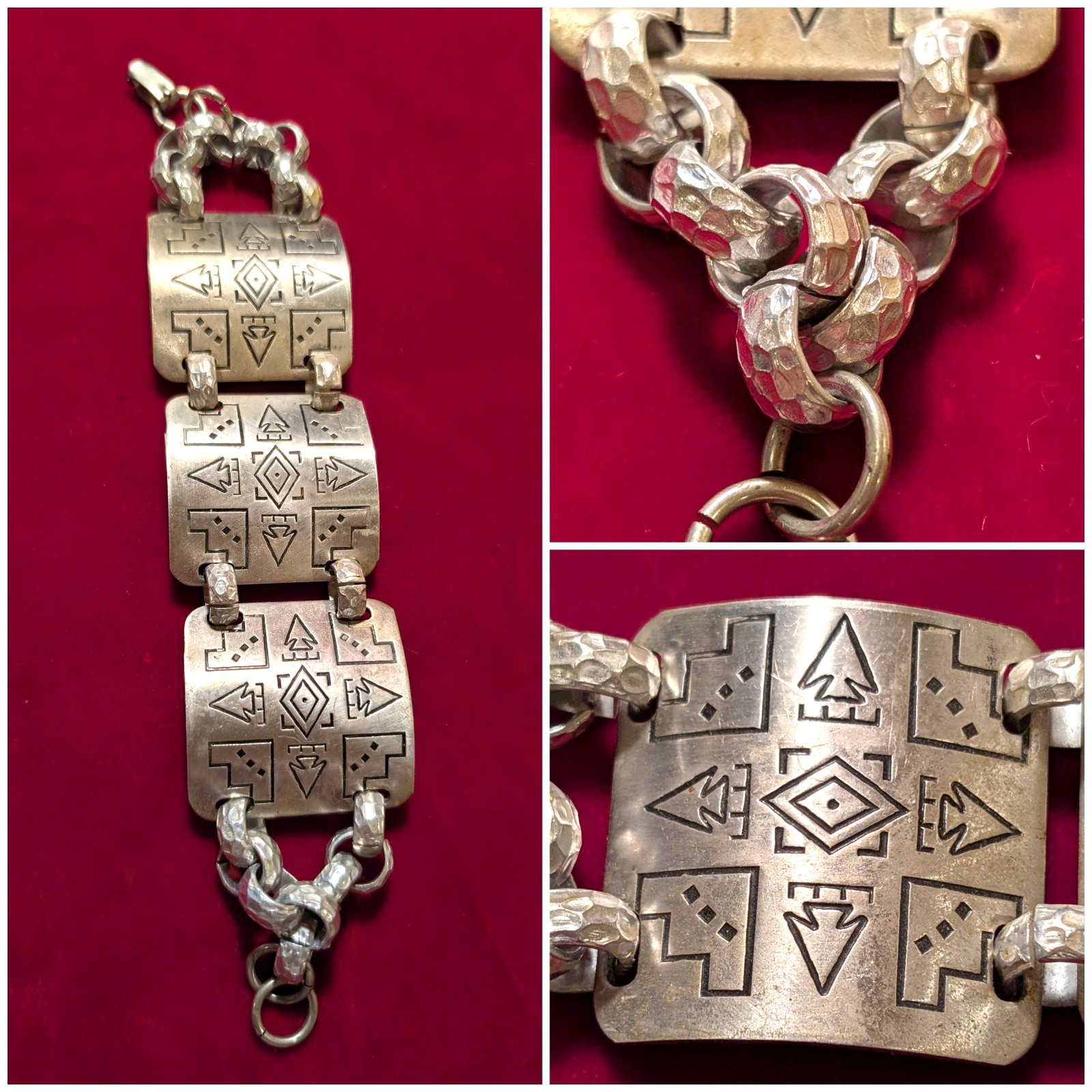 Vintage Aluminum Mid Century Aztec Stamped Panel Bracelet Hammered Rolo Links