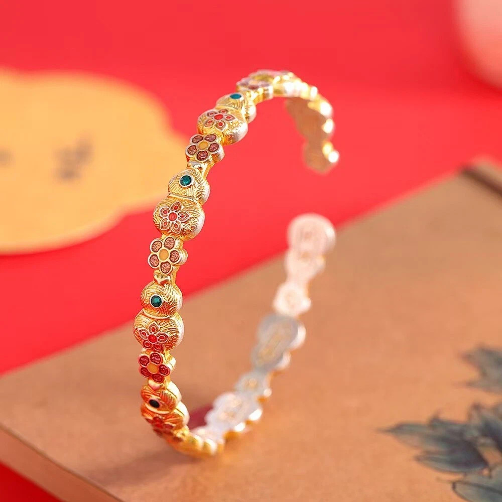 Pure S999 Fine Silver Bracelet Lucky Gourd Flower Open Bangle 26-27g Dia:58mm