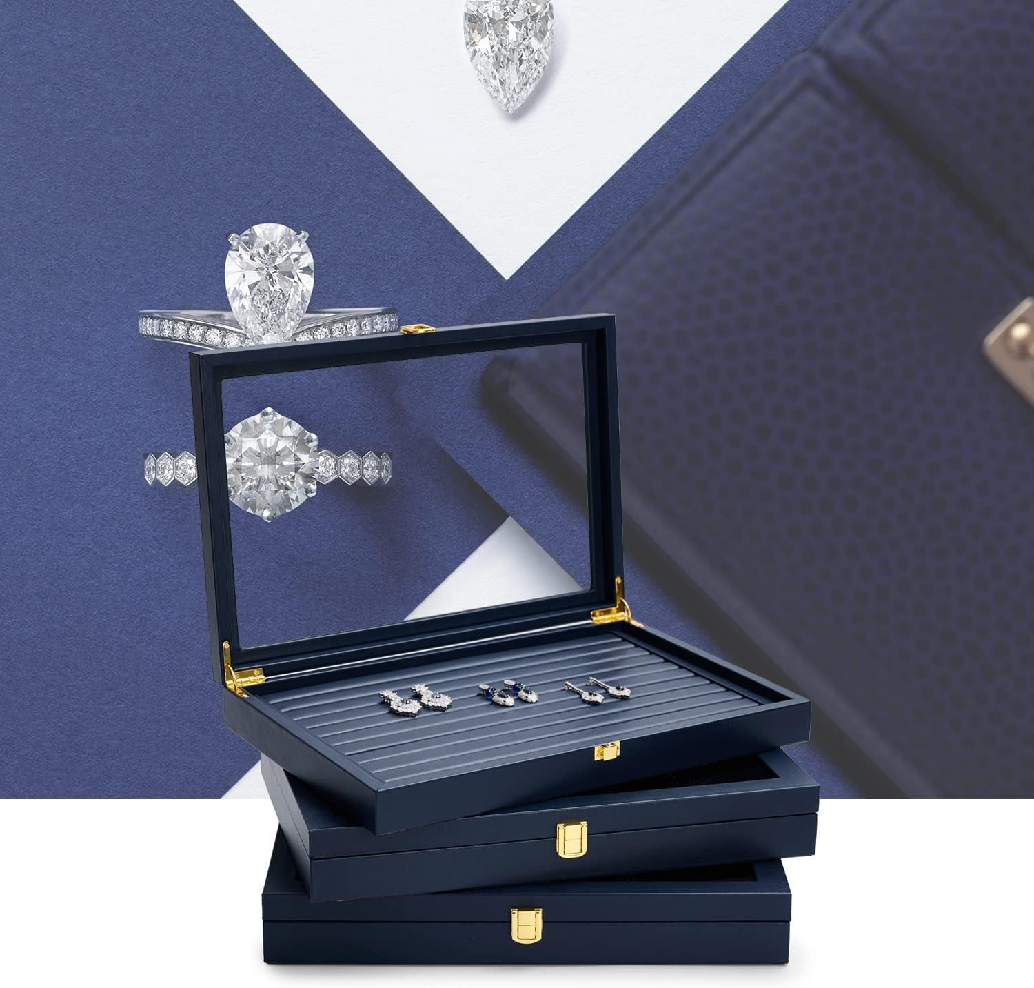 Premium Blue Leather Jewelry Tray with 24 Grid Removable Jewelry Cards Jewelry O