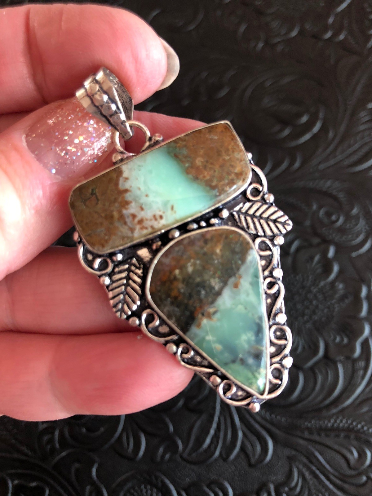 Green Boulder Chrysoprase Feather Totem Pendant 2.25” Happiness Stone