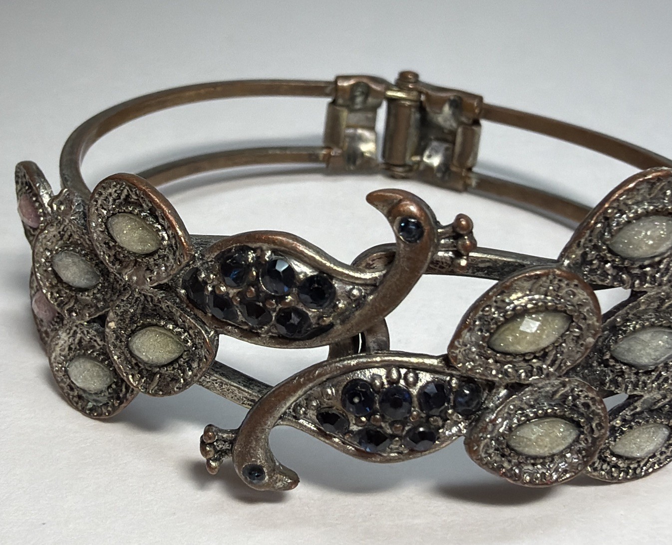 Vintage Peacock Motif Hinged/Cuff Bracelet with Faceted Stones Copper/Silver Mix