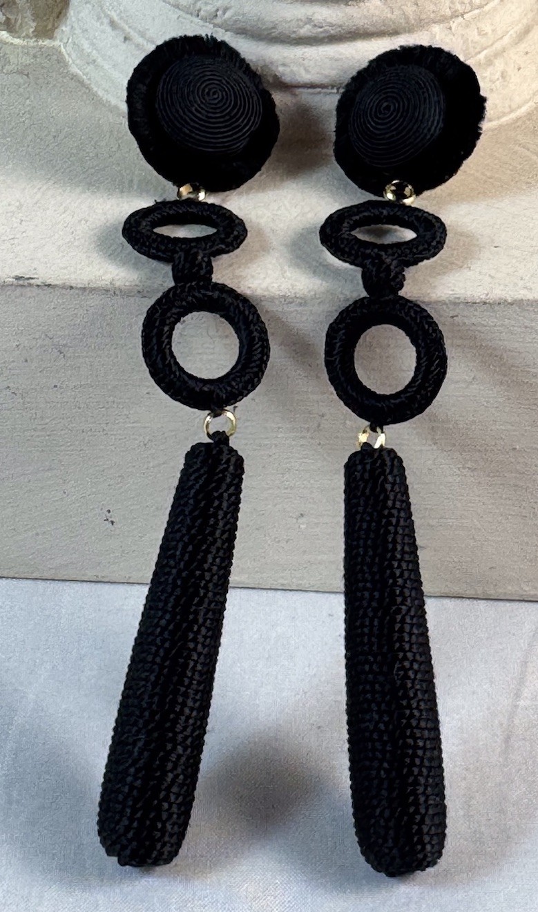 LEYLA GANS Gold Tone Amelie Wrapped Cord Drop Earrings ~ Black silk cord~Pierced
