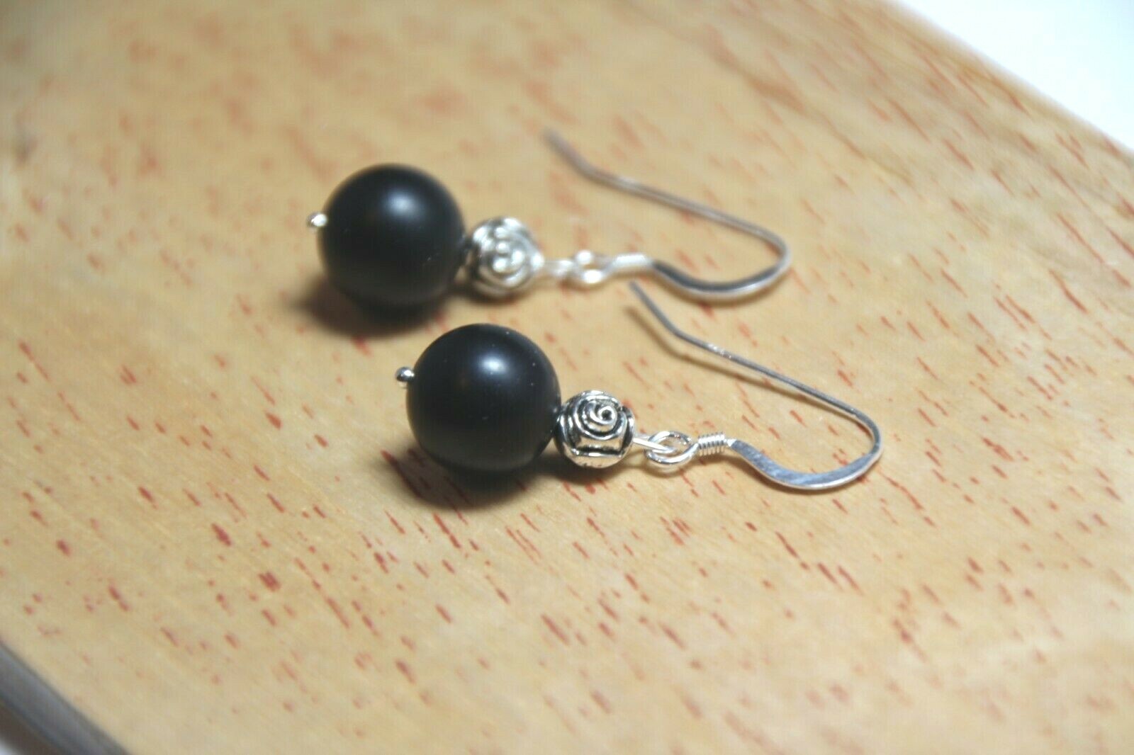 Graphite Black 10mm Ball Natural Gemstone Earrings .925 Sterling Silver 1 1/2″