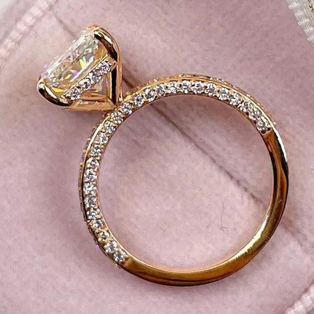 5.59 TCW Emerald Moissanite Hidden Halo Engagement Ring 14K Yellow Gold Plated