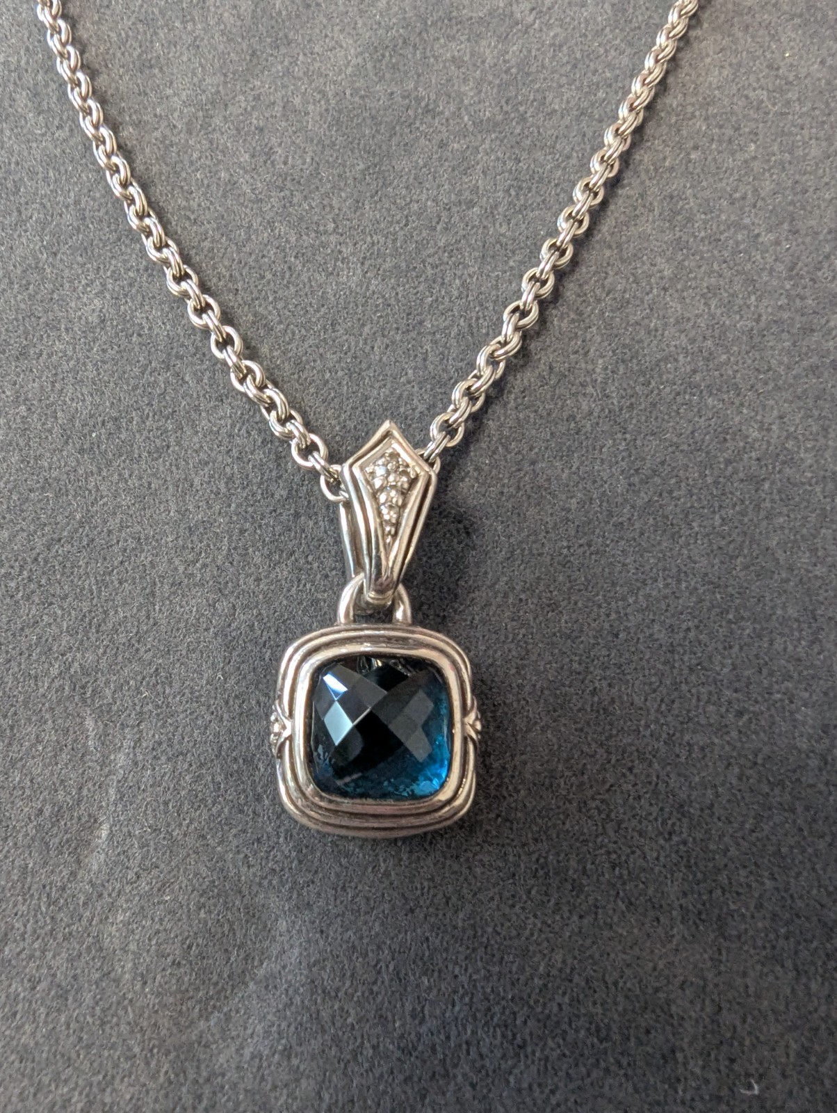 Scott Kay Sterling Silver Blue Stone Spinel? And Diamond Cushion Necklace