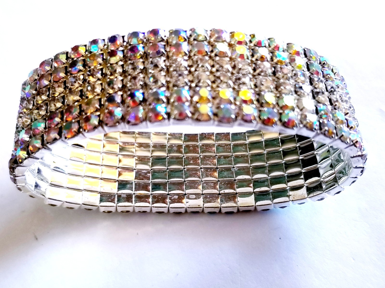 Iridescent Silver Rhinestone Stretch Bracelet Crystal Pageant Prom Drag Jewelry