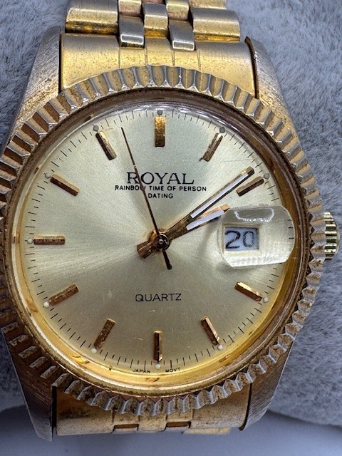 Vintage Men’s AXIS Royal Rainbow Time Gold Tone Quartz Date Watch New Battery