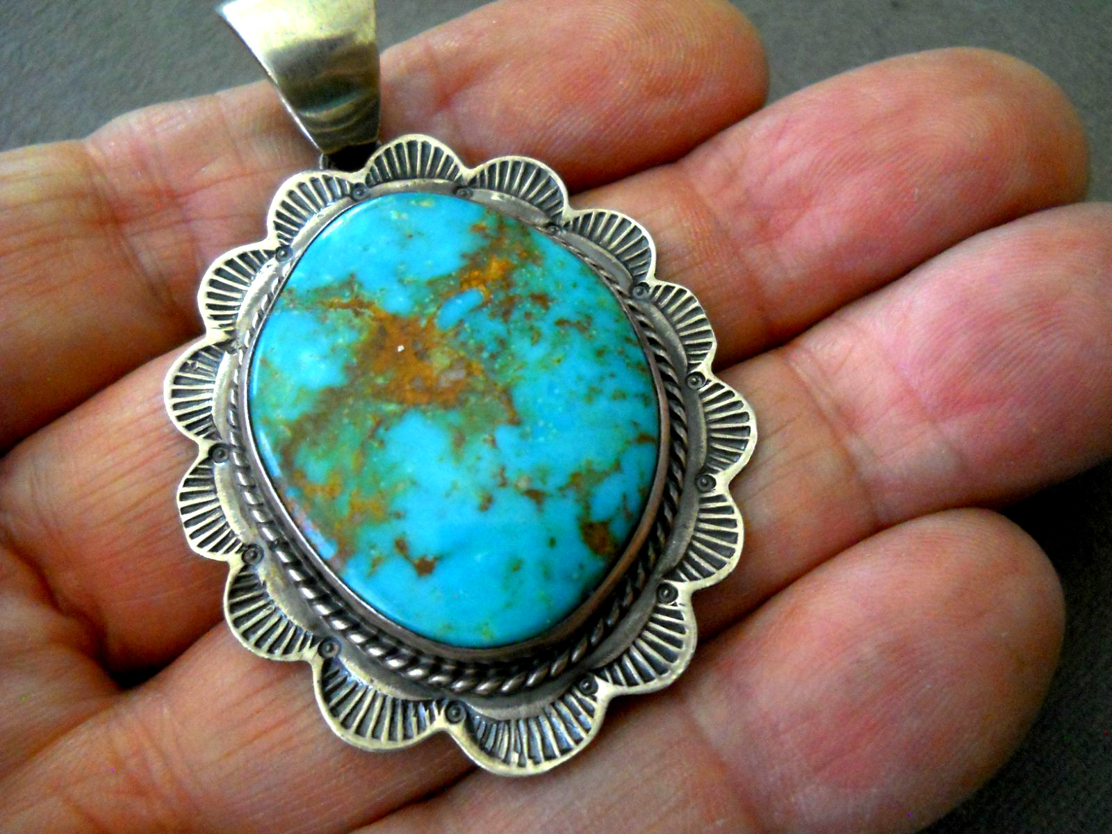 SPENCER Native American Navajo Turquoise Mountain Turquoise Sterl Silver Pendant