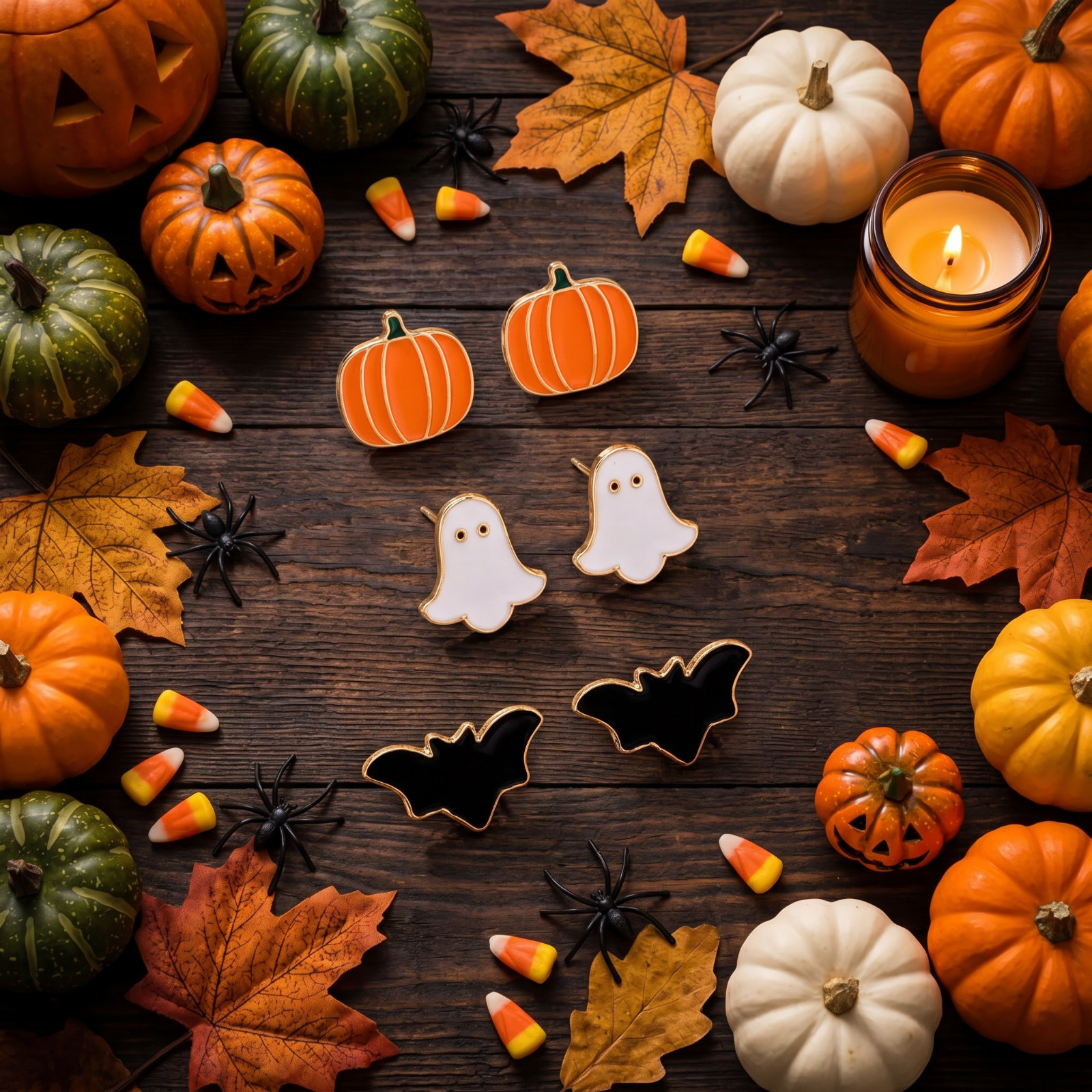 Halloween Earrings Set 3 Pairs Pumpkin Ghost Bat Stud Women Gold-Tone Gift