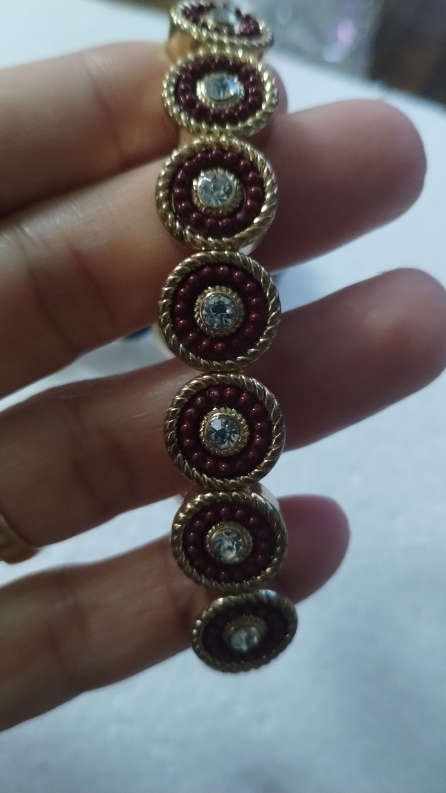 Gold Tone Stretch Tennis Link Bracelet Round Red & Clear Crystal Bezel 2