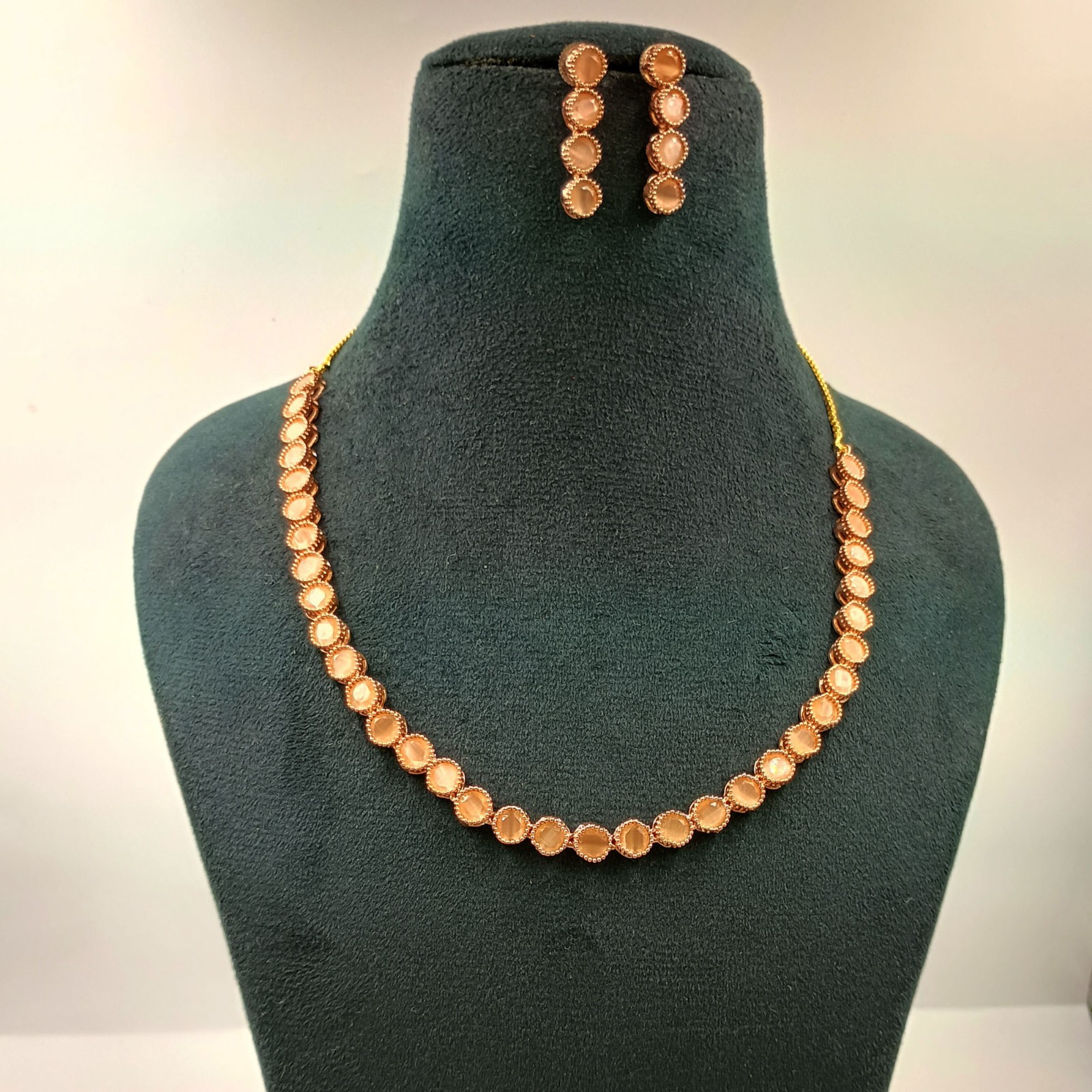 22K Gold Plated Peach Moonstone Bridal Necklace & Earrings Set India Jewelry