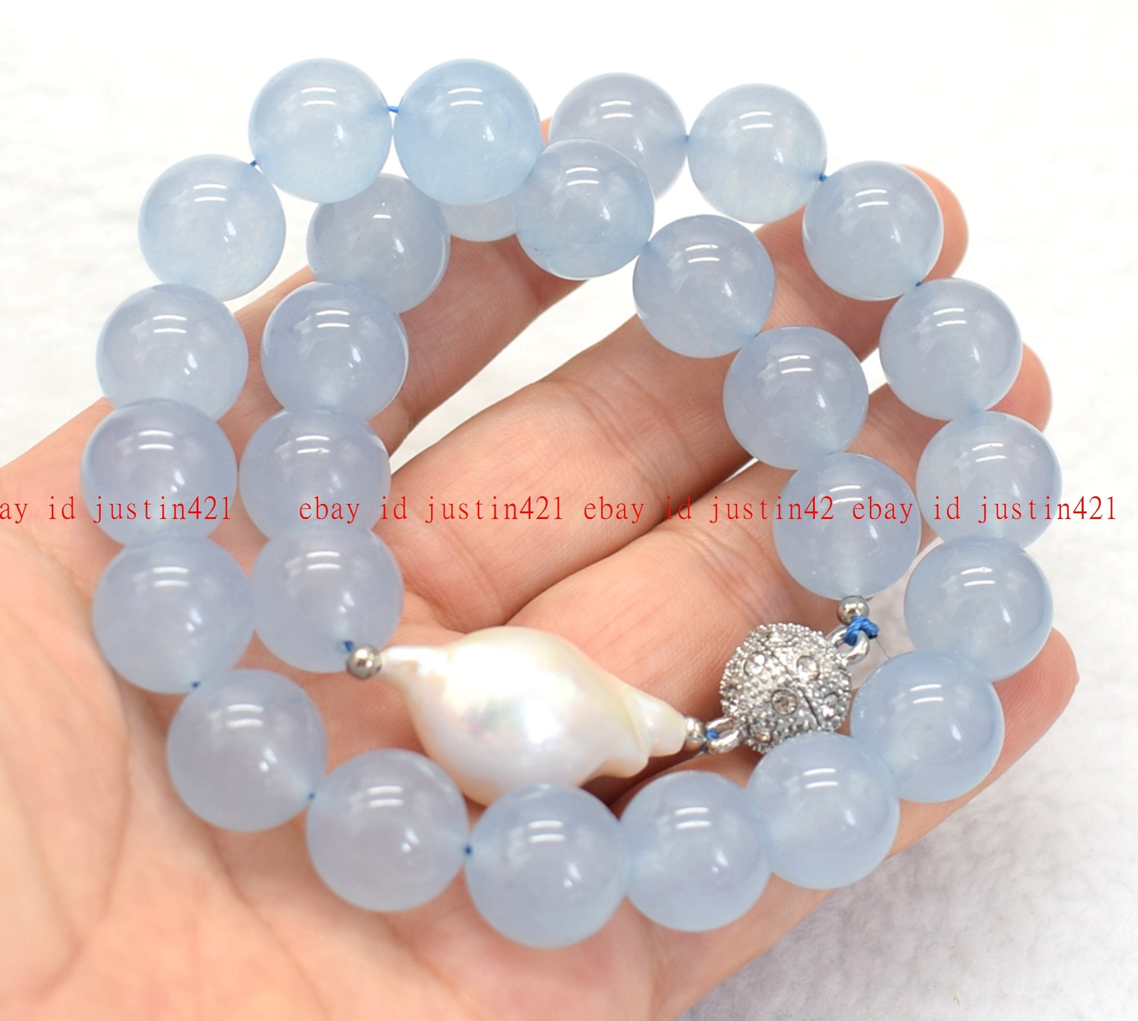 Real Natural Light Blue Jade Round Gemstone White Keshi Baroque Pearl Necklace