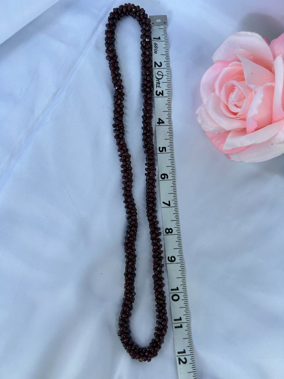 VTG NATURAL RED GARNET BEADED WOVEN ROPE NECKLACE26″ BOHO GEMSTONE STATEMENT