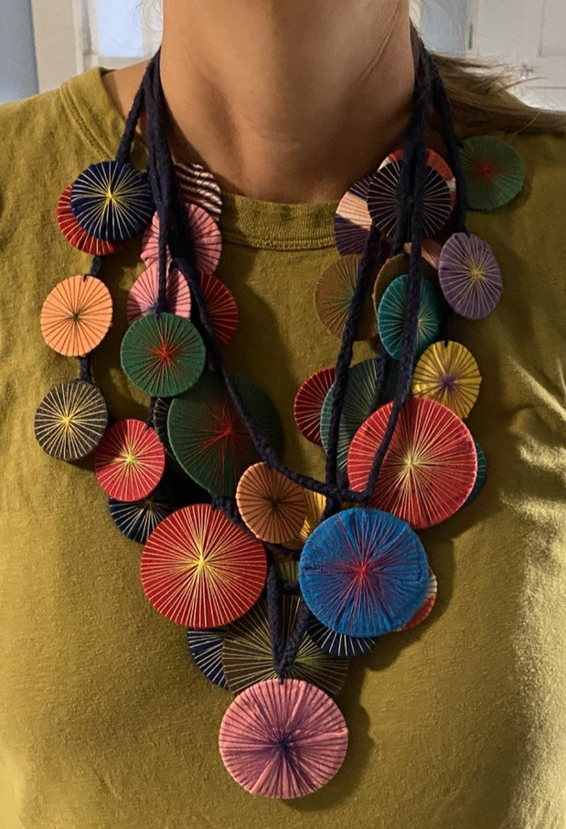 Bohemian Threadburst String/Disc Art Textile Multi-Layer Necklace 14″