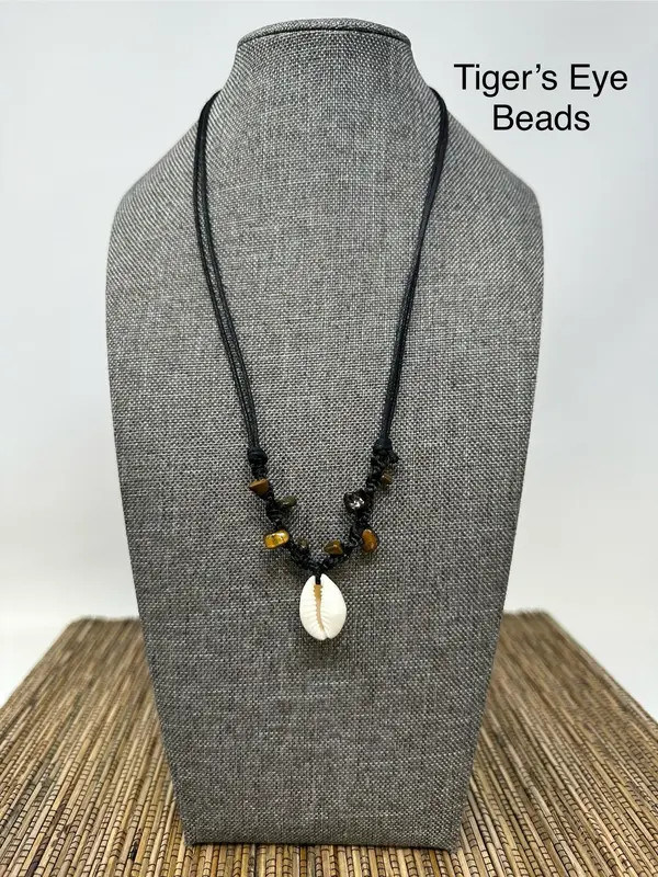 Cowrie Shell Necklace Gemstone Beads Adjustable Black Cord Boho Beach Unisex