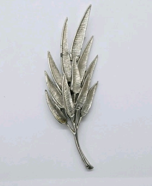 LEAF Brooch Silver tone Modernist Art Deco Estate Jewelry 3.75 in Large Vintage