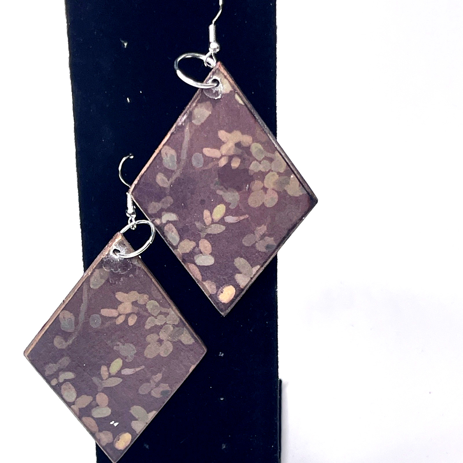 Earrings: 3.75in Handmade Brown Floral Diamond Shape Decoupage Wood Dangle/Drop