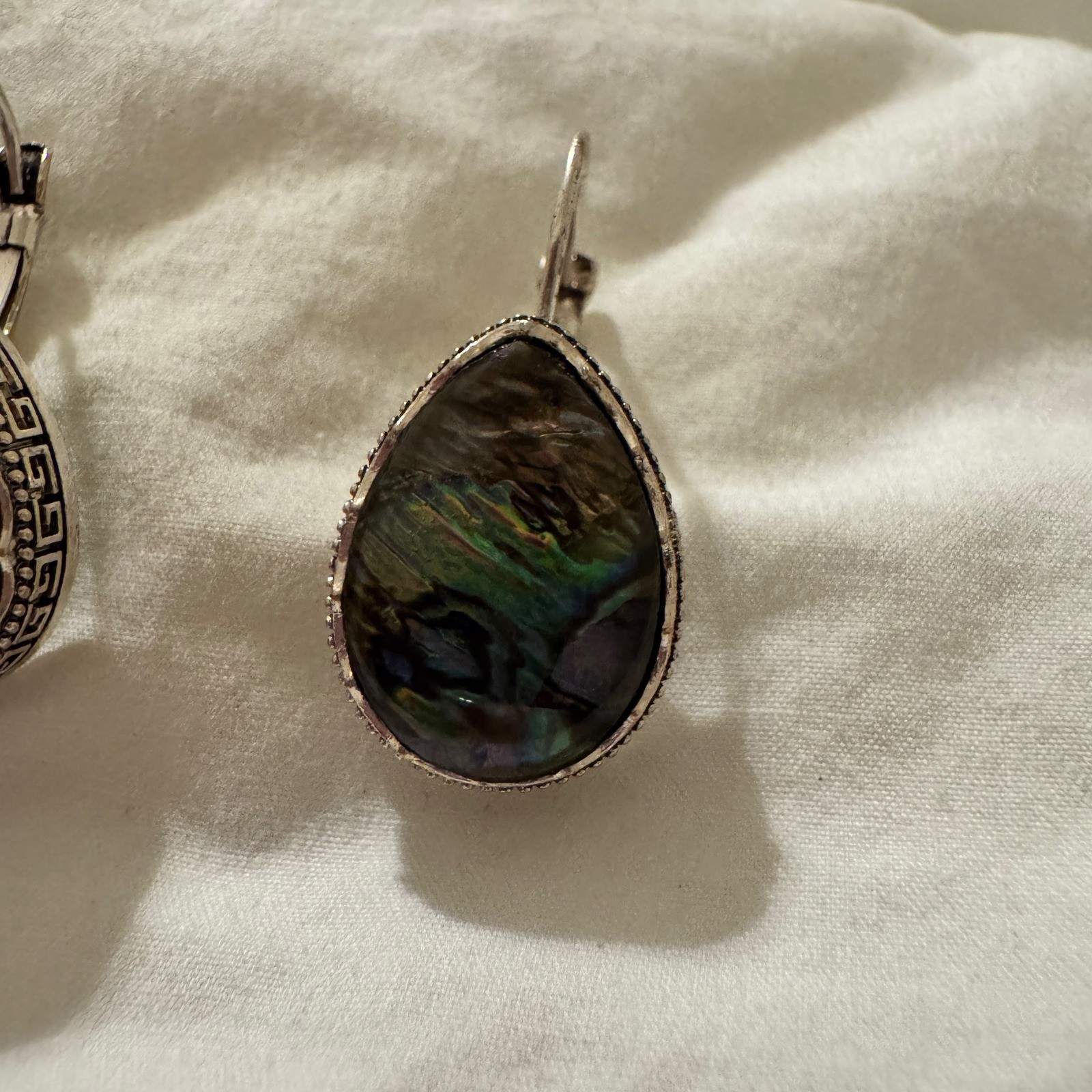 Abalone Shell Teardrop Earrings Silver Tone Greek Key Leverback Iridescent Pear