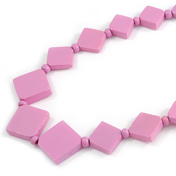 Lavender Pink Square Bone Bead Black Cotton Cord Long Necklace – 82cm L