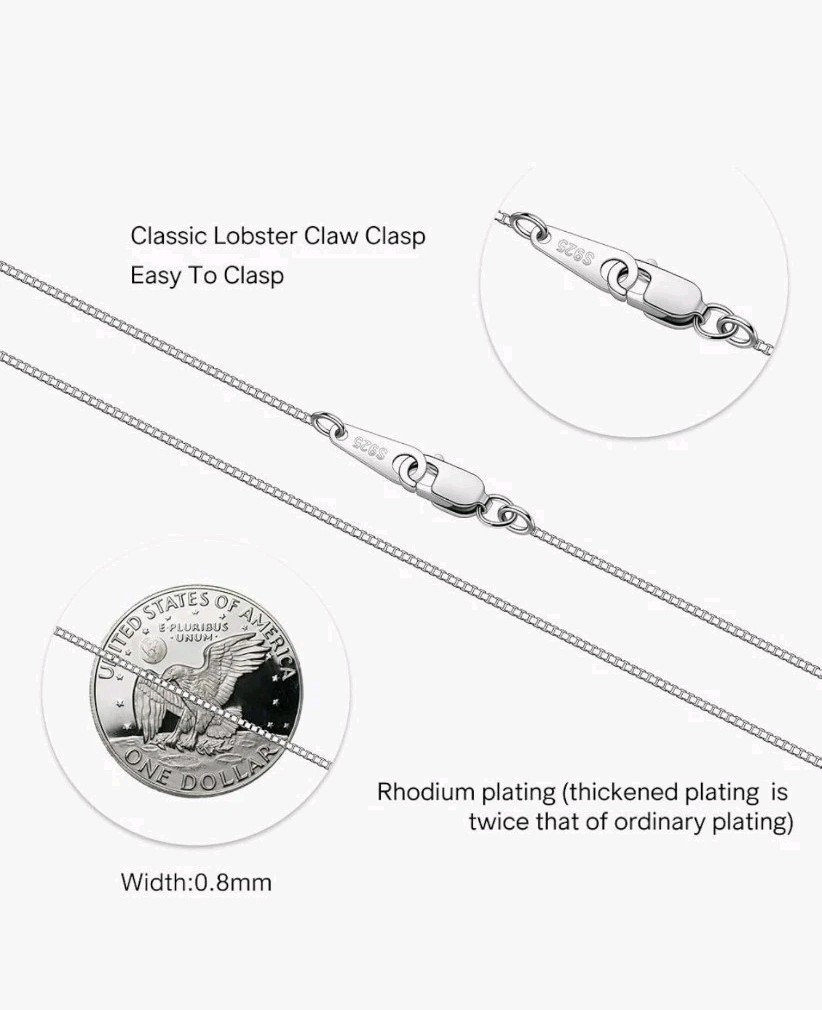 925 Sterling Silver Chain Necklace for Women 0.8mm Box Chain, Italian 18inch