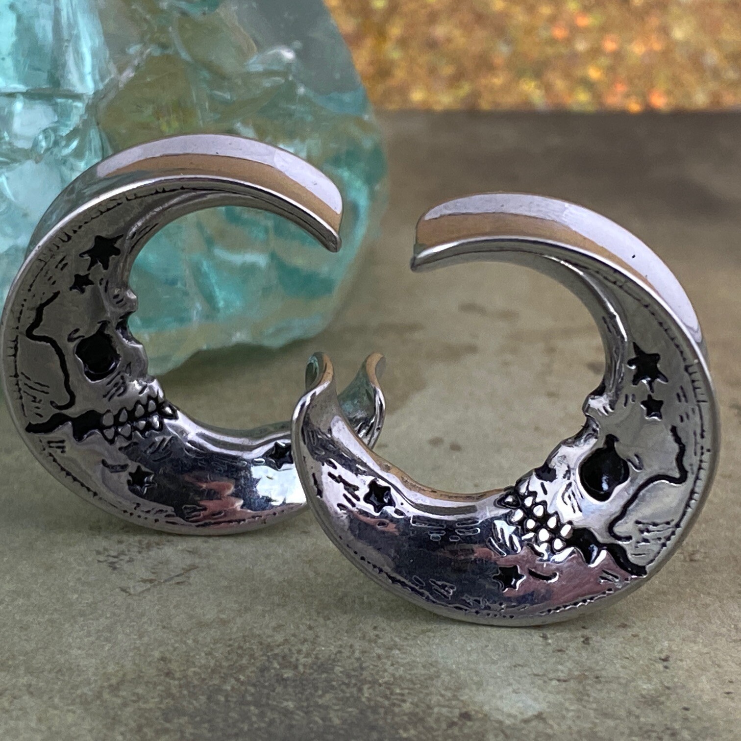 Pair of 316L Steel Saddles with Skull Faced Moon (PS-291, Steel) gauges