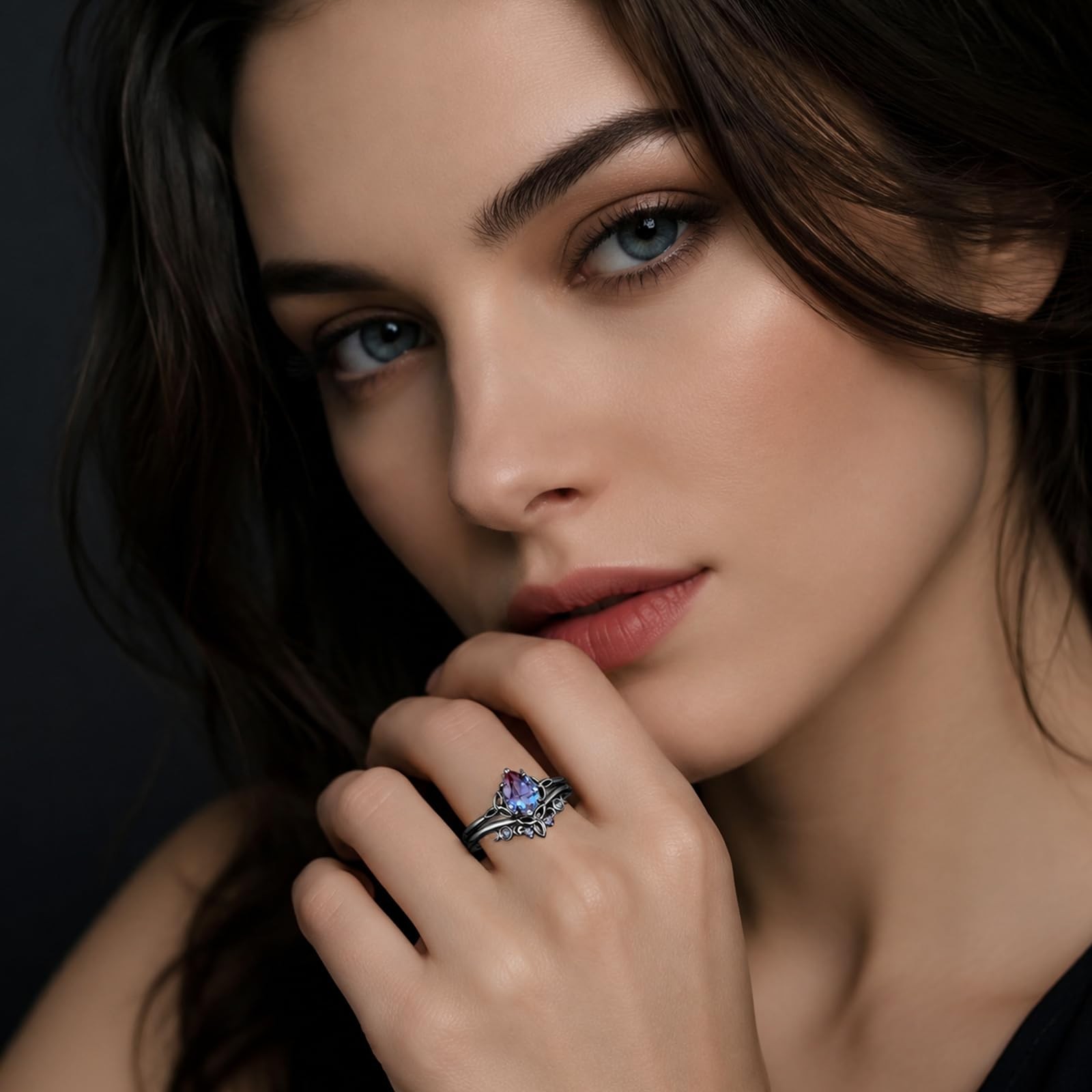 2 Pcs Vintage Rings for Women Goth Black Plated Matching Rings Set Colorful C…