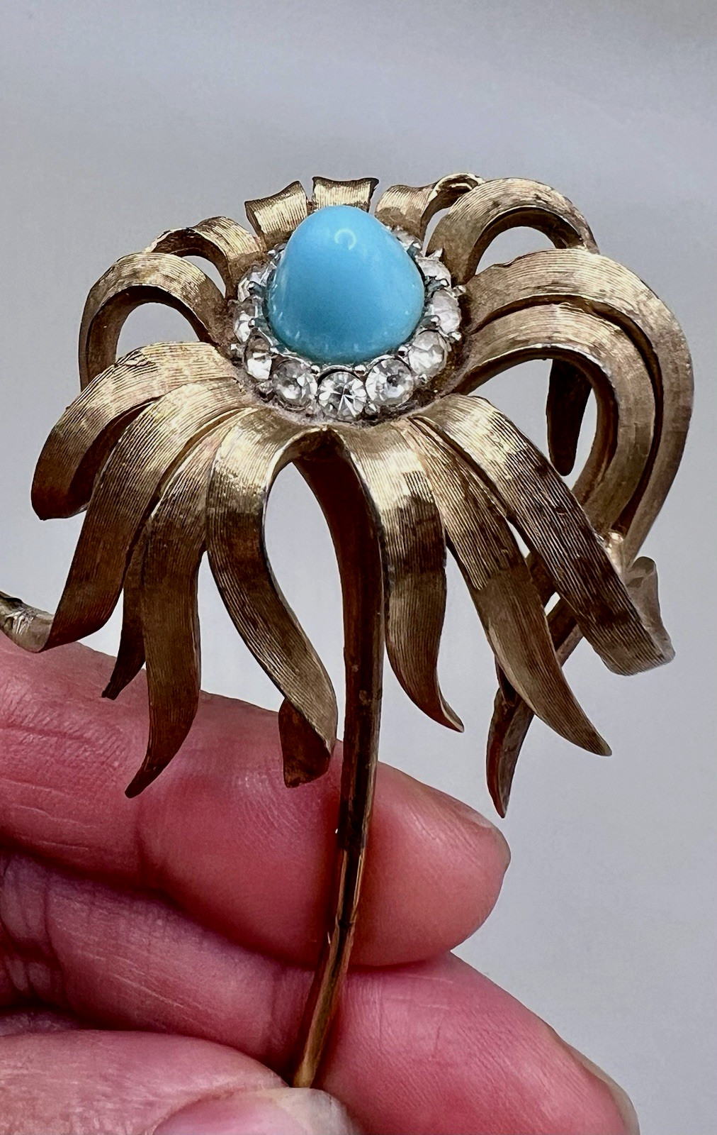 Vintage MARCEL BOUCHER Brooch Faux Turquoise & Rhinestone Flower 7849P SIGNED