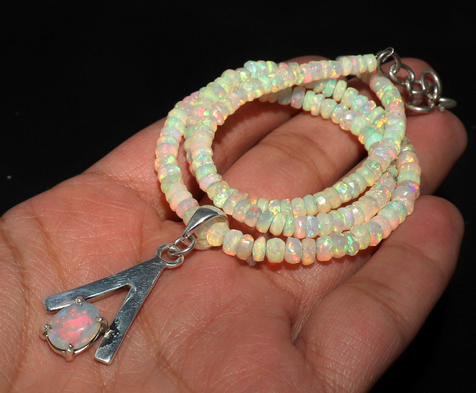 Natural Ethiopian faceted opal pendant with silver white opal necklace 3 to 6 mm