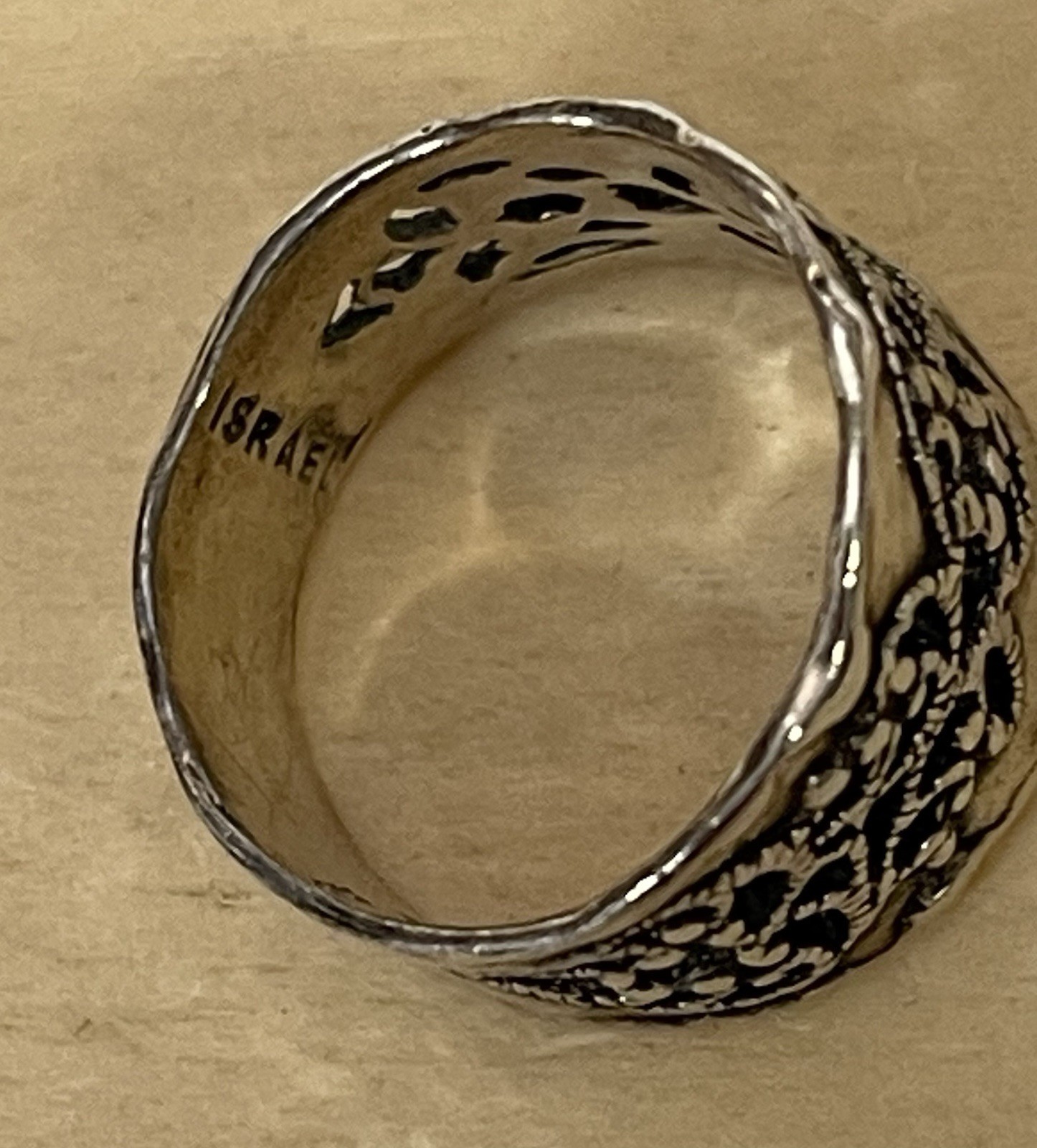 ISRAEL PZ PAZ Sterling Silver Wide Filigree Hammered Band Size 9 Ring 5.4g