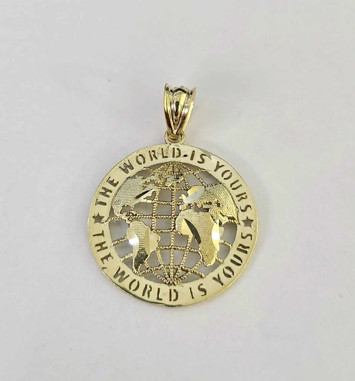 Real 10k The World is Yours Map Pendant Charm Yellow Gold Diamond Cut 10kt