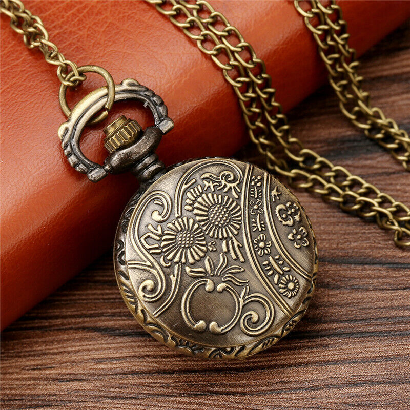 Mini Bronze Flower Case Quartz Pocket Watch Gift for Women 80CM Necklace Chain