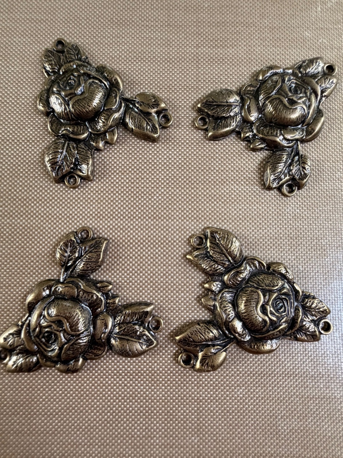 Lot of 4 Vintage Brass Rose Flower 3 Loop Connector Stampings Antique Bronze 29.