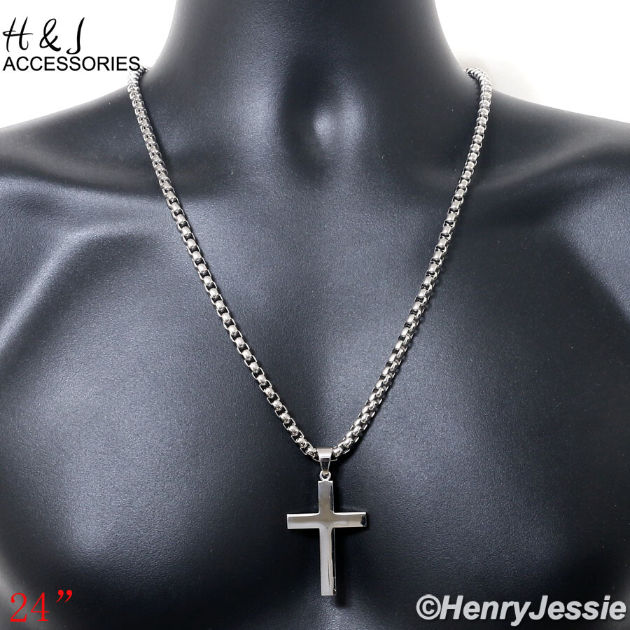 18″-40″MEN 316L Stainless Steel 5mm Silver Box Link Chain Plain Cross Pendant*64