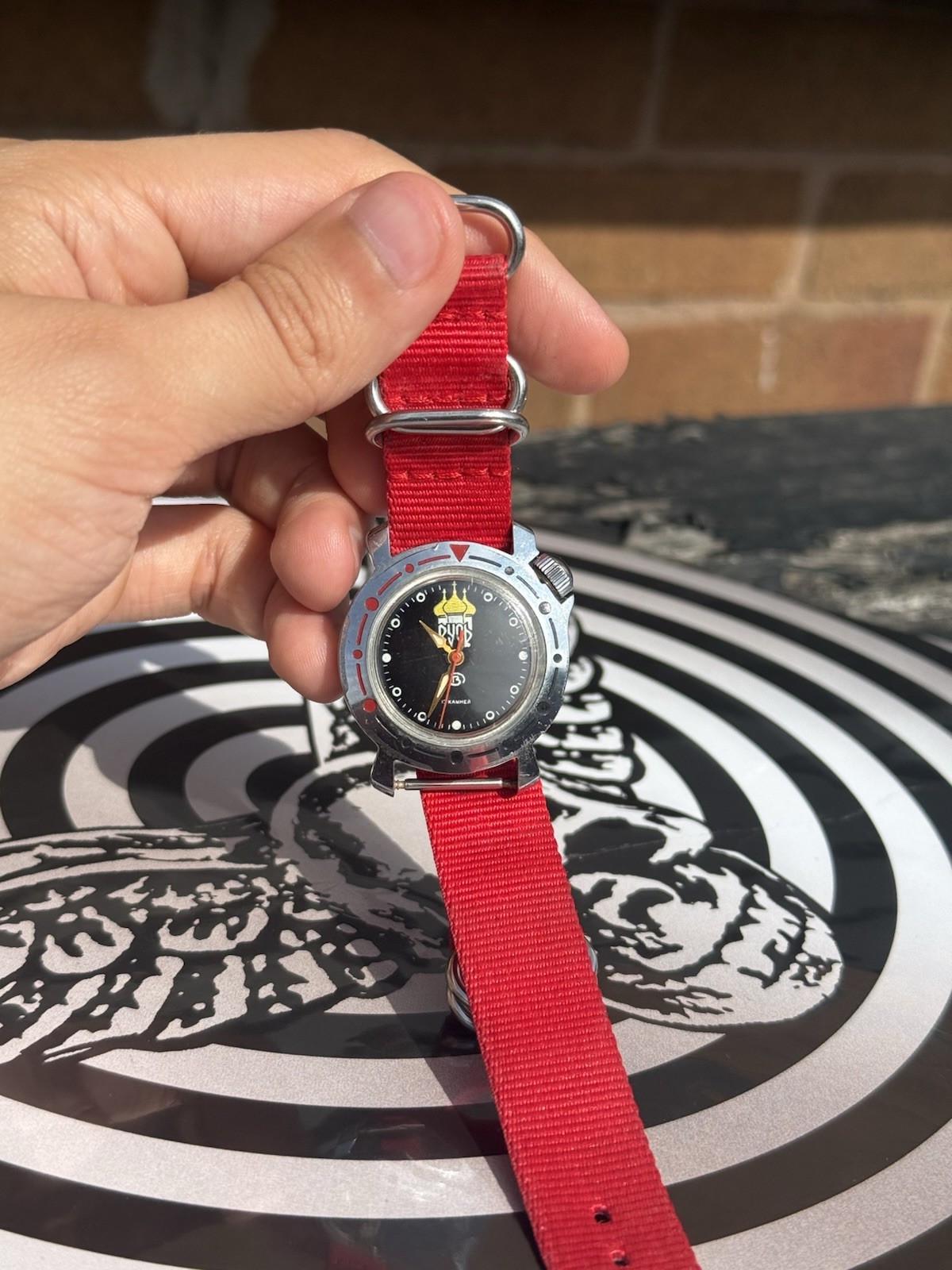 ⁠Vintage Vostok Rus Russian Soviet Era Mechanical Watch Red NATO Strap⁠