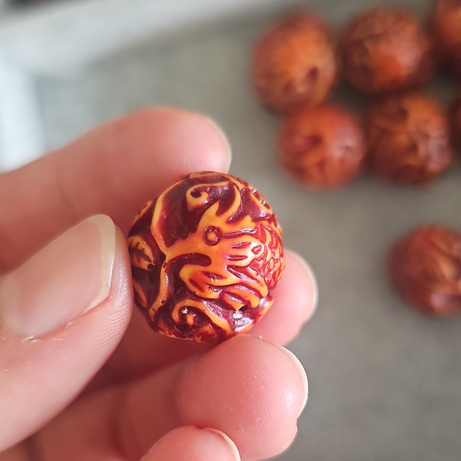 Carved Resin Dragon /Phoenix Round Beads 20mm Orange/Brown Large Hole Lot of 9