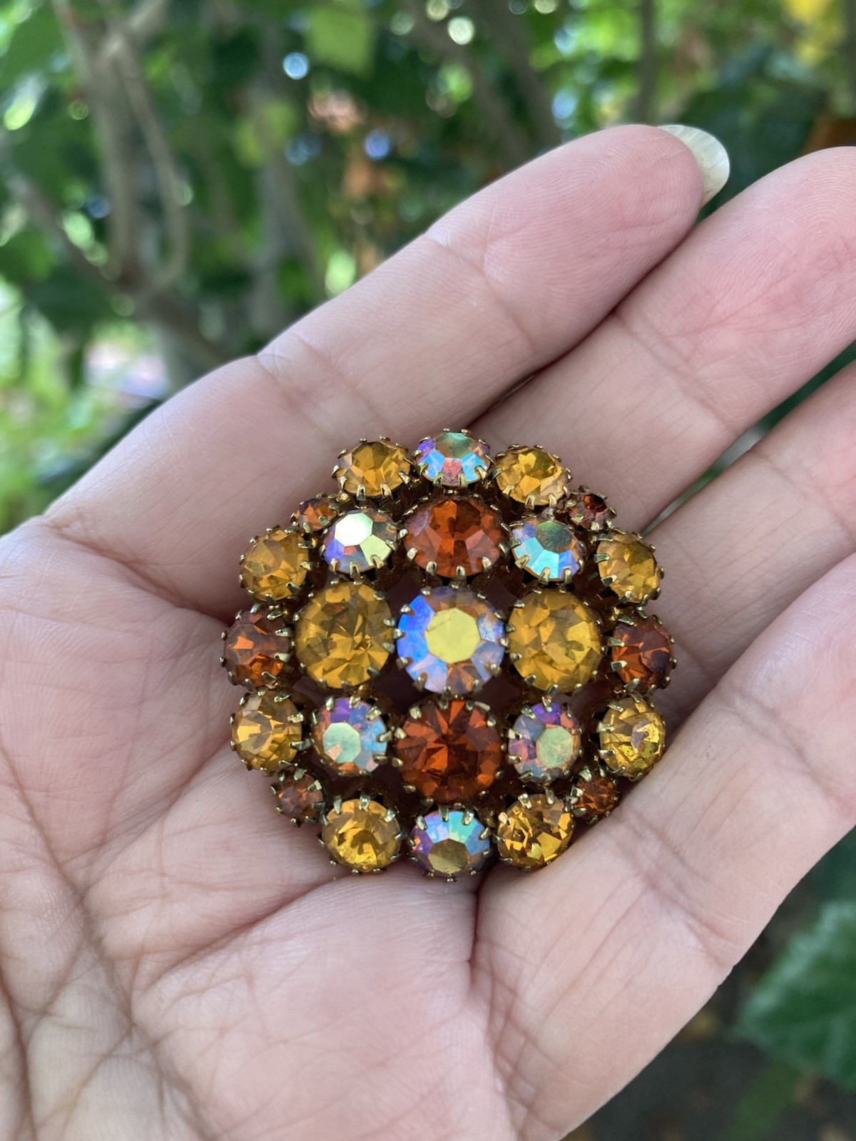 Vintage AMBER & AURORA BOREALIS RHINESTONE Domed Cluster Brooch Pin