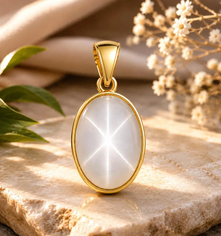 Gold Natural 6 Rays Star White Sapphire Necklace 925Silver Star Sapphire Pendant