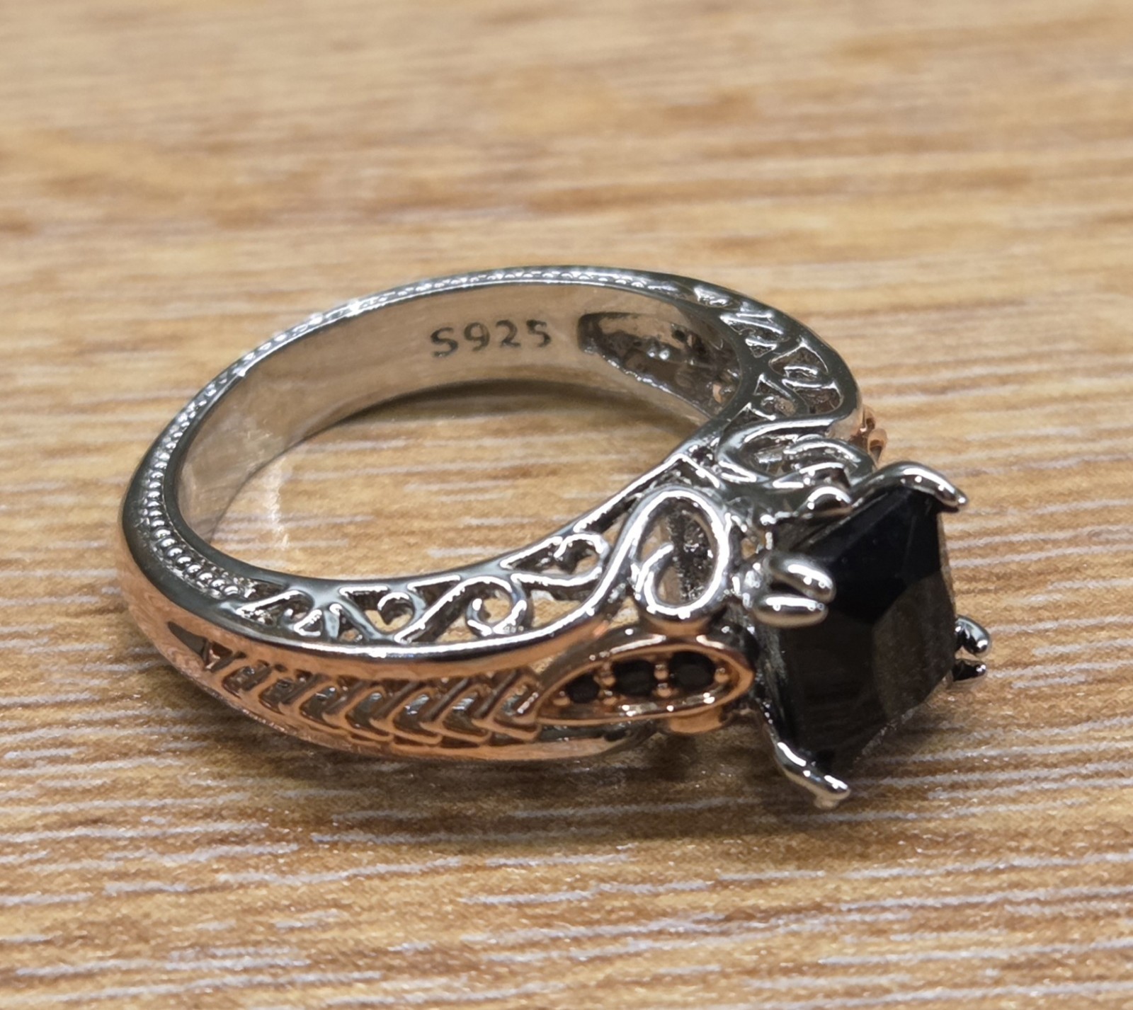 1.5 CT Princess Black Onyx Vtg Style 925 Silver Rose Gold Filigree Ring New Sz 7