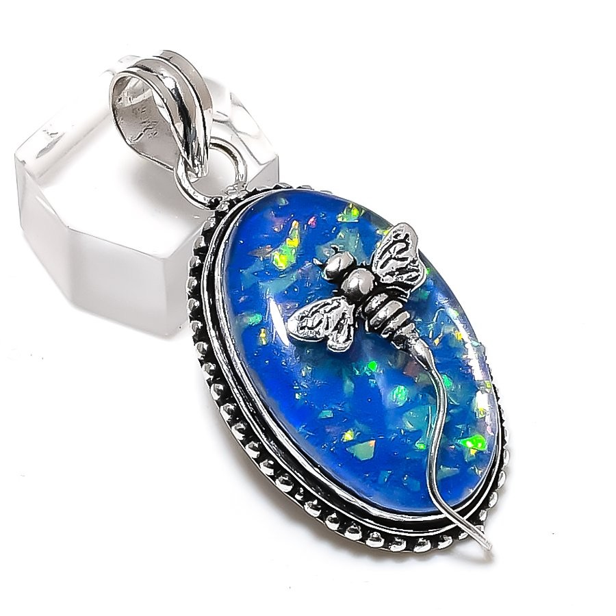 Blue Triplet Opal Gemstone 925 Sterling Silver Jewelry Pendant 1.97″ Q484