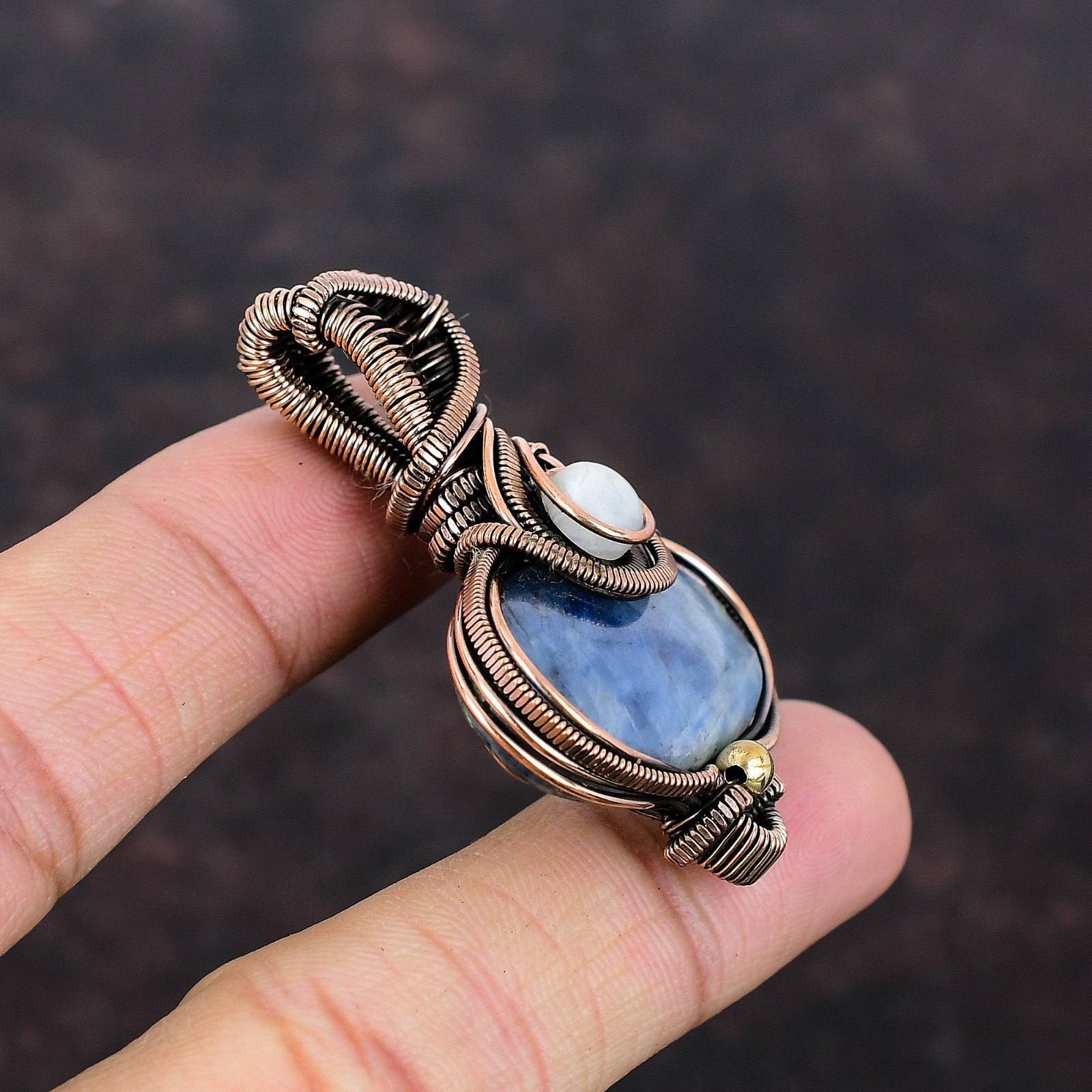 Oval Kyanite Stone Rainbow Moonstone Copper Wire Wrapped Wife Pendant Jewelry