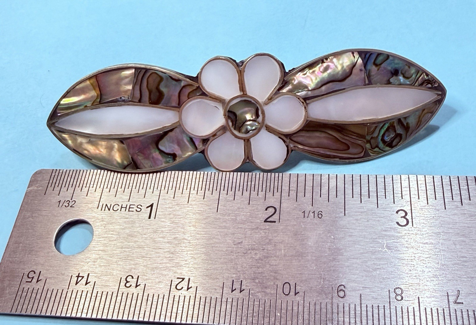 Abalone And Mother Of Pearl Shell Inlay Flower Hair Clip 3.5 Inches