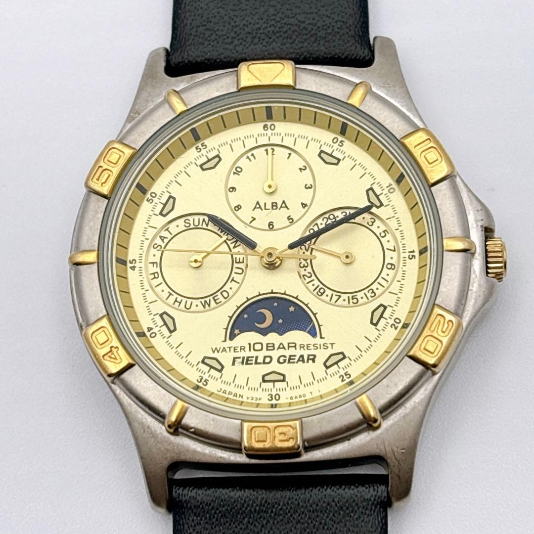 SEIKO ALBA Field Gear V33F-6A80 Sun & Moon Triple Calendar New Battery & Strap